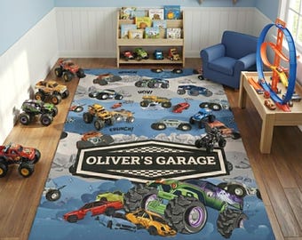 Personalized Area Rug, Monster Truck Rug, Custom Boys Room Decor, Monster Truck Garage Rug