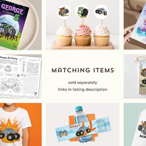 Pu&ograve; includere: Un set di articoli per feste a tema monster truck, tra cui un invito di compleanno, topper per cupcake, una pagina da colorare, un'etichetta per bottiglia d'acqua e un'etichetta per un favore. L'invito presenta un monster truck verde con fiamme e il testo "George compie 5 anni". I topper per cupcake presentano un monster truck, il numero 5 e uno pneumatico di monster truck. La pagina da colorare presenta un monster truck, un labirinto e una ricerca di parole. L'etichetta per bottiglia d'acqua presenta un monster truck e il testo "Oliver's". L'etichetta per un favore presenta un monster truck e il testo "Monster Truck Party".