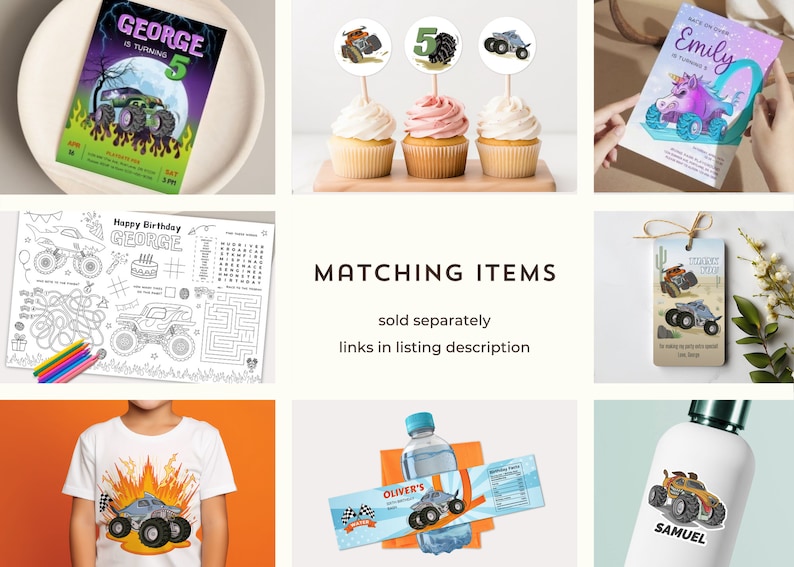 Pu&ograve; includere: Un set di articoli per feste a tema monster truck, tra cui un invito di compleanno, topper per cupcake, una pagina da colorare, un'etichetta per bottiglia d'acqua e un'etichetta per un favore. L'invito presenta un monster truck verde con fiamme e il testo "George compie 5 anni". I topper per cupcake presentano un monster truck, il numero 5 e uno pneumatico di monster truck. La pagina da colorare presenta un monster truck, un labirinto e una ricerca di parole. L'etichetta per bottiglia d'acqua presenta un monster truck e il testo "Oliver's". L'etichetta per un favore presenta un monster truck e il testo "Monster Truck Party".