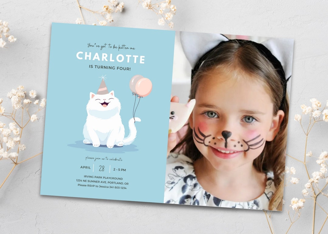 EDITABLE Kitty Cat Birthday Invitation, Custom Photo, White Cat