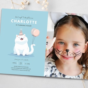 EDITABLE Kitty Cat Birthday Invitation, Custom Photo, White Cat Birthday Party, Girl Kitty Cat, Invitation Template, Instant Download