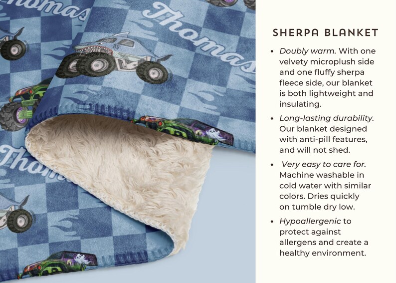 May include: A blue and white checkered sherpa blanket with a monster truck design and the name "Thomas" printed on it. The blanket is soft and fluffy, and it is perfect for keeping warm on cold nights.