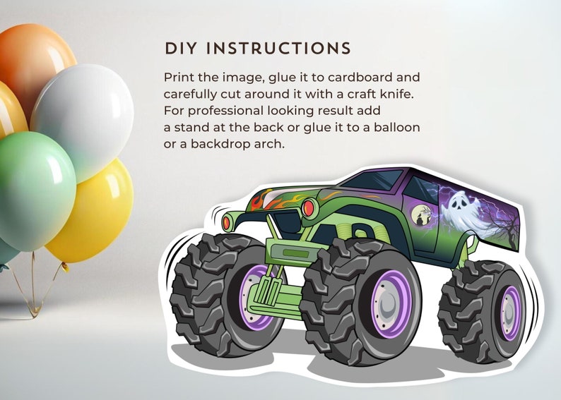 Op de afbeelding: Een groene monstertruck met een spook en spookachtige bomen aan de zijkant. De truck heeft grote zwarte banden en paarse velgen. De truck staat op een witte achtergrond.