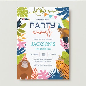 EDITABLE Party Animals Birthday Invitation Template, Jungle Birthday Invite, Safari Animals Birthday, Safari Birthday Instant Download
