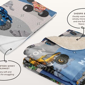 Personalisierte Monster Trucks Decke, Weihnachtsgeschenk, Jungenzimmer Dekor, Minky Decke, benutzerdefinierte Monster Jam Decke Bild 3