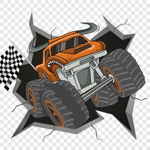 Pu&ograve; includere: Un monster truck arancione con pneumatici neri e una bandiera a scacchi, che sfonda un muro crepato.