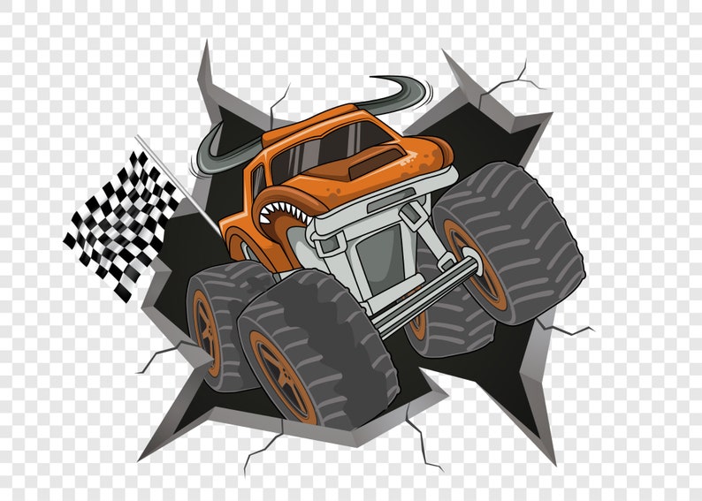 Pu&ograve; includere: Un monster truck arancione con pneumatici neri e una bandiera a scacchi, che sfonda un muro crepato.