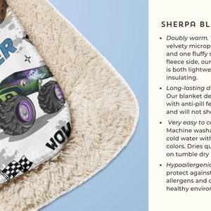 May include: A white sherpa blanket featuring a monster truck design with the name "Cooper". The blanket is soft and fluffy, ideal for snuggling up on the sofa.