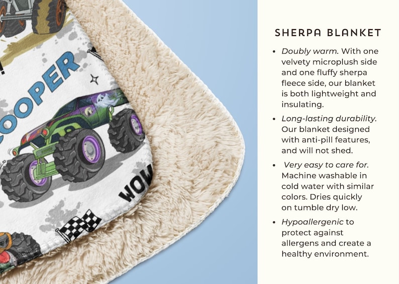 May include: A white sherpa blanket featuring a monster truck design with the name "Cooper". The blanket is soft and fluffy, ideal for snuggling up on the sofa.