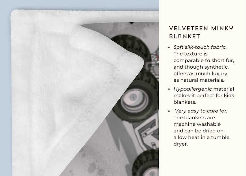 Op de afbeelding: Een wit, fluweelzacht minky deken met een cartoon monstertruck ontwerp. De tekst "VELVETEEN MINKY BLANKET" is zichtbaar aan de rechterkant van de afbeelding. Het deken wordt beschreven als zacht, hypoallergeen en gemakkelijk te onderhouden.