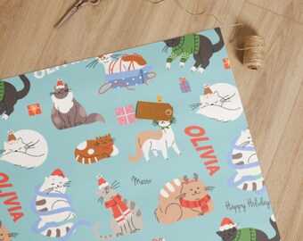 Papel de regalo personalizado con gatos, papel de regalo personalizado, papel de regalo de Navidad, fiestas de invierno, papel de regalo de gatitos