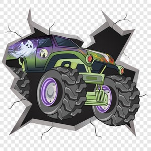 May include: A green monster truck with a ghost and lightning bolt design on the side, breaking through a cracked wall. The truck has large black tires with purple rims.