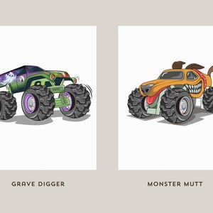 May include: Two illustrations of monster trucks on a white background. The first is a green and purple truck with the text "Grave Digger". The second is an orange truck with a dog-like design and the text "Monster Mutt".