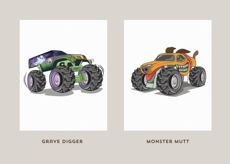 May include: Two illustrations of monster trucks on a white background. The first is a green and purple truck with the text "Grave Digger". The second is an orange truck with a dog-like design and the text "Monster Mutt".