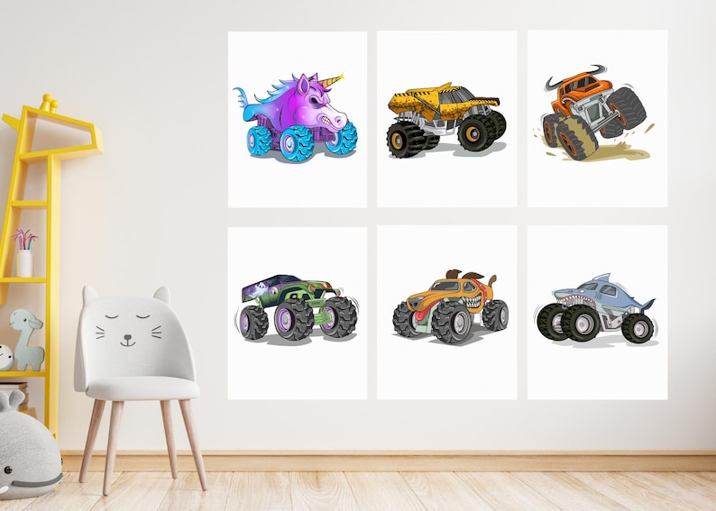 May include: Six colorful monster truck illustrations on white backgrounds. The trucks feature unique designs, including a unicorn, a shark, and a monster with fangs. The trucks have large tires and are suitable for children's room decor.