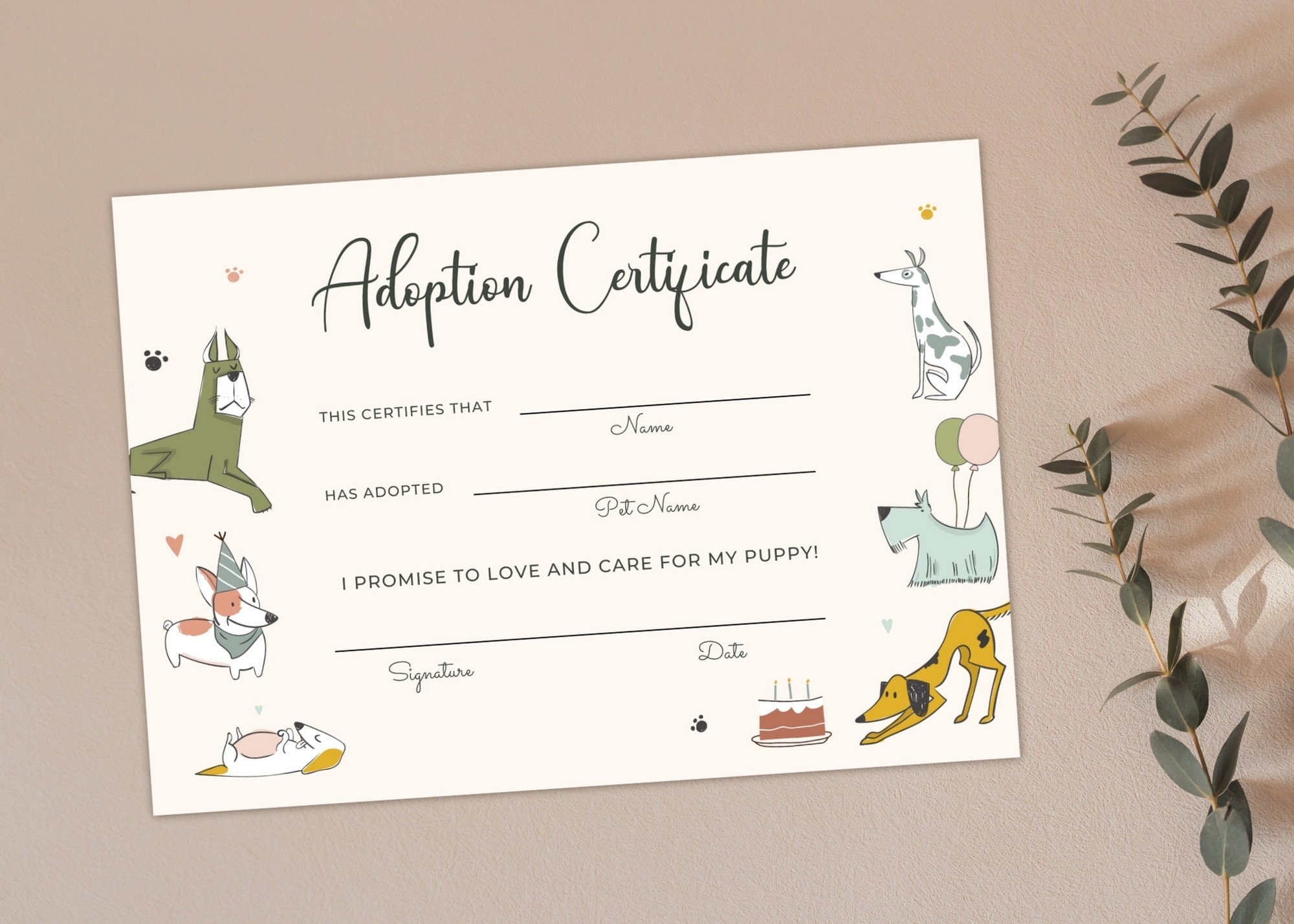 EDITABLE Adoption Certificate Template, Puppy Birthday Party, Dog Theme ...