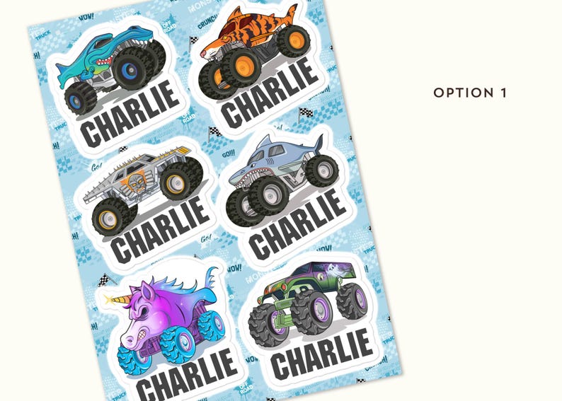 May include: A sheet of stickers featuring cartoon monster trucks in various designs, including a shark, tiger, and unicorn. Each sticker has the name "CHARLIE" in bold, white letters on a black background. The background is light blue with a repeating pattern.