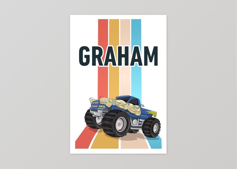 May include: A blue monster truck with the name "GRAHAM" printed above it. The truck is driving on a white background with colorful stripes behind it.