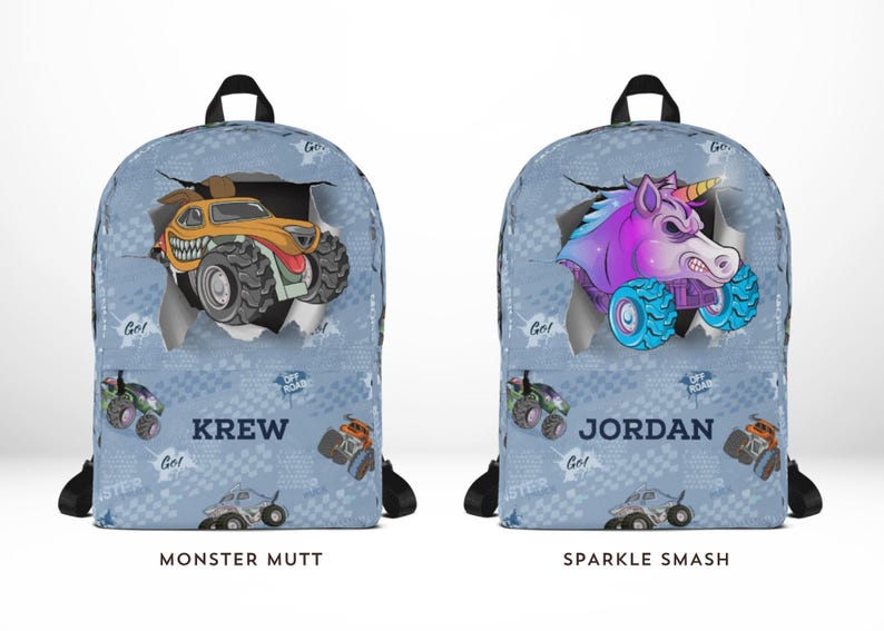 May include: Two blue backpacks with black straps. One features a monster truck design with the name "KREW" and the text "MONSTER MUTT". The other backpack has a unicorn monster truck design with the name "JORDAN" and the text "SPARKLE SMASH".