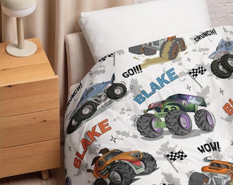 Kundenspezifische Monstertrucks Tröster, personalisierte Bettwäsche, Jungenzimmerdekor, Kinderzimmerdekor