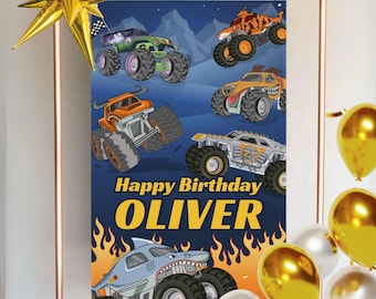 Pancarta personalizada de Monster Jam, decoración de pared de tela de 90 x 150 cm, pancarta para fiesta de cumpleaños de Monster Trucks, fondo para fiesta, letrero de bienvenida