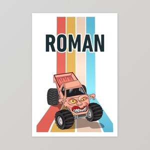 May include: A pink monster truck with a cartoon face and the name "ROMAN" in black text on a white background with colorful stripes.