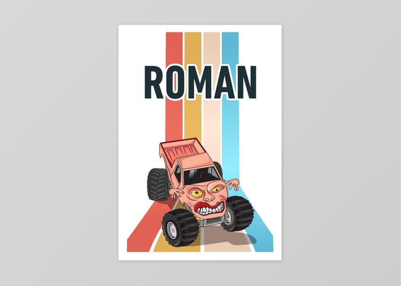 May include: A pink monster truck with a cartoon face and the name "ROMAN" in black text on a white background with colorful stripes.