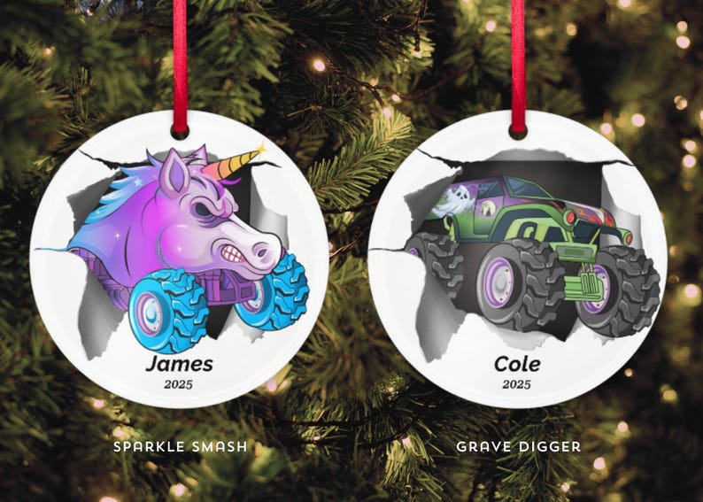 Custom Christmas Ornament, Monster Truck Christmas Tree Hanging Decor, Flat 2D Ornament Acrylic, Personalized Ornament, Monster Jam Ornament image 3