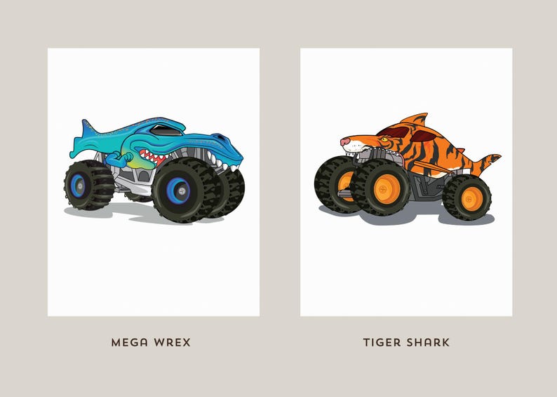 May include: Two monster truck illustrations on white backgrounds. One is blue and shaped like a shark, labeled "MEGA WREX." The other is orange with black stripes, shaped like a tiger, labeled "TIGER SHARK." Both have large black tires.