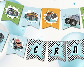 Guirnalda editable para fiesta de cumpleaños en la piscina con diseño de Monster Trucks, plantilla de pancarta para cumpleaños de niño, descarga instantánea