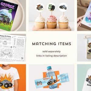 May include: Monster truck party supplies, including invitations, cupcake toppers, colouring pages, favour tags, water bottle labels, and a t-shirt design. The theme features a blue monster truck with flames.
