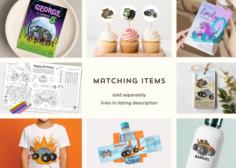 May include: Monster truck party supplies, including invitations, cupcake toppers, colouring pages, favour tags, water bottle labels, and a t-shirt design. The theme features a blue monster truck with flames.