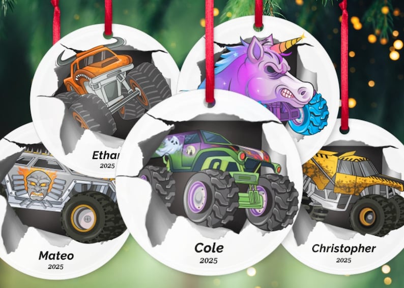 Custom Christmas Ornament, Monster Truck Christmas Tree Hanging Decor, Flat 2D Ornament Acrylic, Personalized Ornament, Monster Jam Ornament image 1