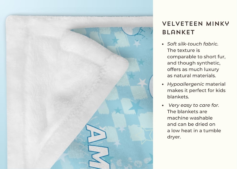 May include: A white velveteen minky blanket with a blue and white checkered pattern and stars. The blanket has the word "AM" printed on it.