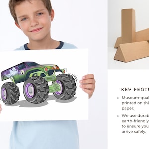 May include: A colorful monster truck illustration on a white poster. The truck is green and purple with large black tires and purple rims. The poster is held by a person. Eco-friendly packaging is shown.