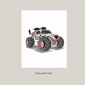 May include: Illustration of a monster truck designed to resemble a Dalmatian dog. The truck is white with black spots, a red tongue, and large black tires with red rims. The word "DALMATIAN" is printed below the image.