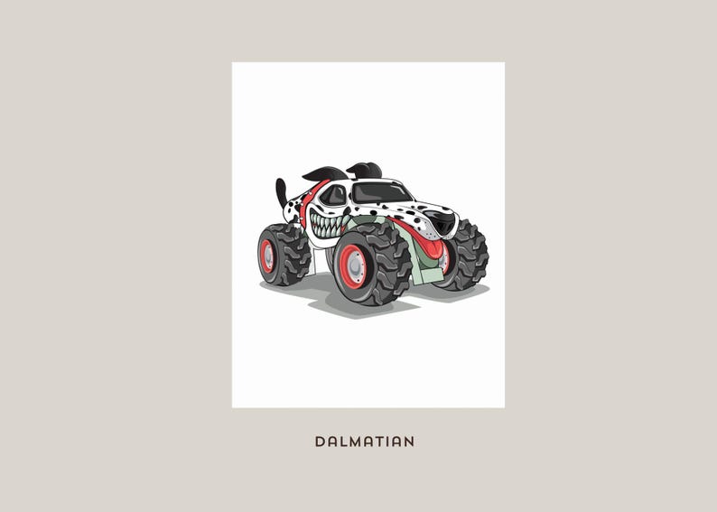 May include: Illustration of a monster truck designed to resemble a Dalmatian dog. The truck is white with black spots, a red tongue, and large black tires with red rims. The word "DALMATIAN" is printed below the image.