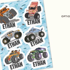 May include: A sheet of stickers featuring colorful monster truck illustrations. Each truck has a unique design and is labeled with the name "ETHAN". The background is light blue with a repeating pattern of checkered flags and the words "Monster Truck".