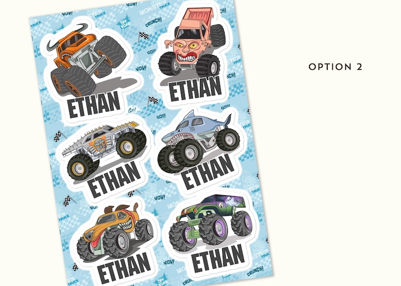 May include: A sheet of stickers featuring colorful monster truck illustrations. Each truck has a unique design and is labeled with the name "ETHAN". The background is light blue with a repeating pattern of checkered flags and the words "Monster Truck".