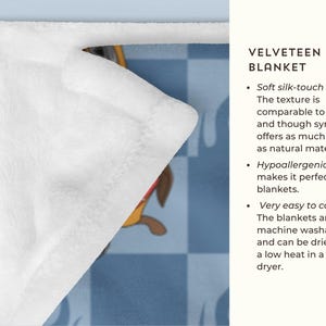 May include: A white velvety minky blanket with a blue and white checkered pattern. The text "VELVETEEN MINKY BLANKET" is written in black text on a white background. The blanket is soft, hypoallergenic, and machine washable.