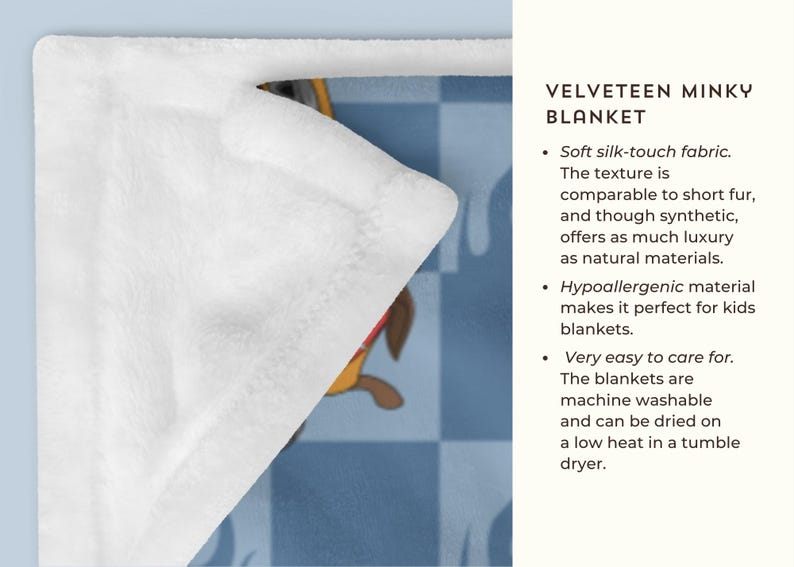 May include: A white velvety minky blanket with a blue and white checkered pattern. The text "VELVETEEN MINKY BLANKET" is written in black text on a white background. The blanket is soft, hypoallergenic, and machine washable.