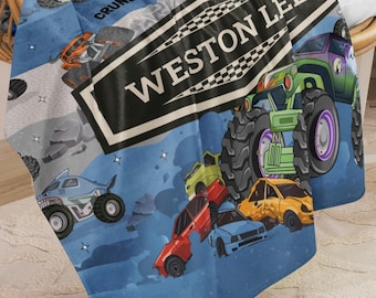 Koc Monster Trucks, spersonalizowany Minky, koc Sherpa, spersonalizowany koc, prezent urodzinowy, koc Monster Jam dla dzieci