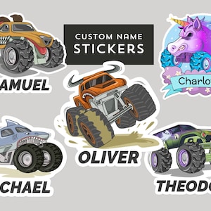 May include: Set of six monster truck themed personalized stickers. The stickers feature a variety of monster trucks, including a shark, a unicorn, a dog, and a ghost. Each sticker has a name printed on it, including Samuel, Charlotte, Oliver, Michael, and Theodor. The stickers are perfect for adding a fun and personalized touch to any item.