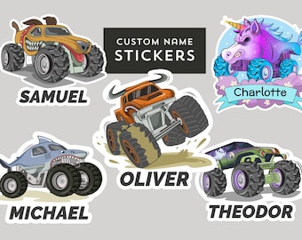 AANGEPASTE naam Monster Trucks-stickers, gepersonaliseerde duurzame vinyl kiss-cut-stickers, monsterjamstickers