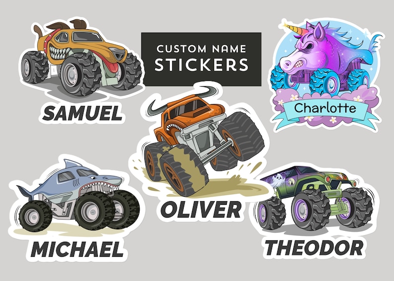 May include: Set of six monster truck themed personalized stickers. The stickers feature a variety of monster trucks, including a shark, a unicorn, a dog, and a ghost. Each sticker has a name printed on it, including Samuel, Charlotte, Oliver, Michael, and Theodor. The stickers are perfect for adding a fun and personalized touch to any item.