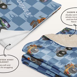 May include: A blue and white checkered blanket with a monster truck design. The blanket has a sherpa side and a velvety side. The blanket is personalized with the name "Thomas".