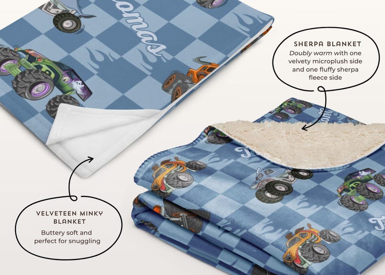 May include: A blue and white checkered blanket with a monster truck design. The blanket has a sherpa side and a velvety side. The blanket is personalized with the name "Thomas".