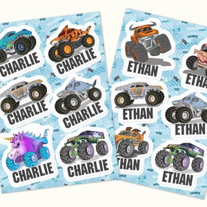 May include: Two sheets of personalized monster truck stickers. Each sticker features a unique monster truck design, including a shark, unicorn, and other creatures. Names "Charlie" and "Ethan" are printed on the stickers. The background is light blue with a repeating pattern.