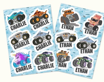 Custom Monster Trucks Sticker Sheet Set of 6, Monster Jam Stickers, School Name Stickers, Kindergarten Stickers, Preschool Stickers