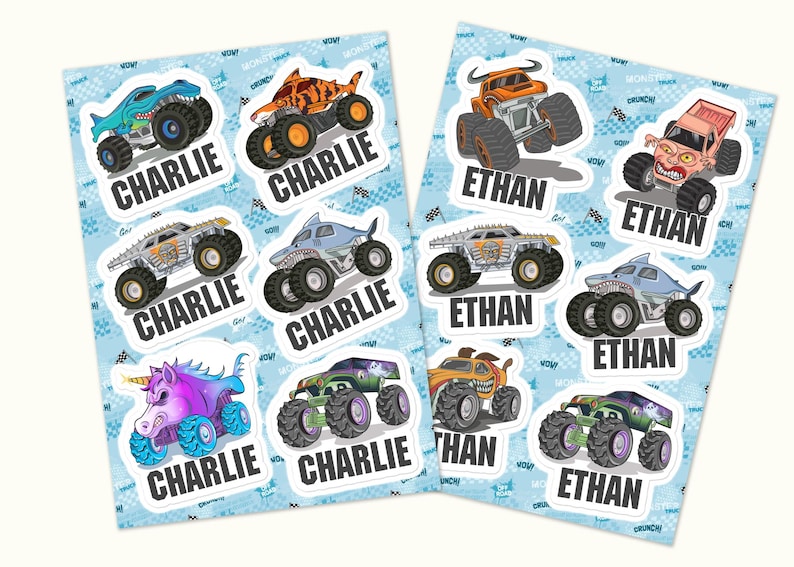 May include: Two sheets of personalized monster truck stickers. Each sticker features a unique monster truck design, including a shark, unicorn, and other creatures. Names "Charlie" and "Ethan" are printed on the stickers. The background is light blue with a repeating pattern.